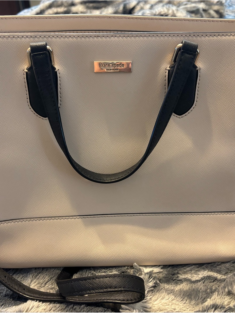 kate spade Cream Tote with Black Handles and Gold Plaque